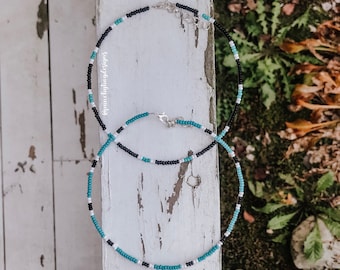 BLUE MOONS -beaded boho/western choker necklace, black or turquoise, 12-18in