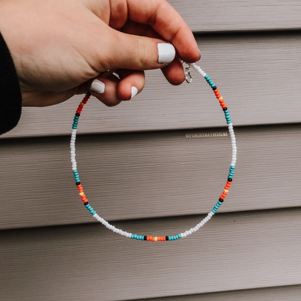 RETRO LOVIN' - beaded boho/western choker necklace, orange, yellow, black, white and turquoise seed beads, customizable length