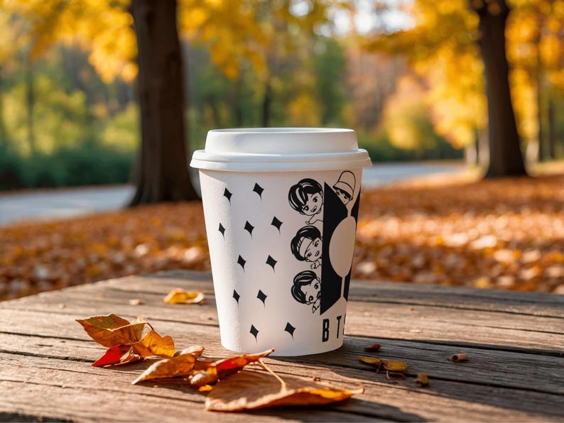 Pu&ograve; includere: Una tazza di caff&egrave; di carta bianca con coperchio, decorata con forme di diamanti neri e illustrazioni di personaggi dei cartoni animati. La tazza &egrave; su una superficie di legno con foglie cadute, con uno sfondo autunnale sfocato.