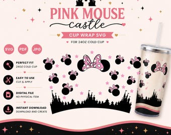Castello di Minnie Mouse SVG, Minnie Mouse SVG PDF, Fiocco a pois rosa, Design per feste di compleanno, Castello rosa PDF, Fiocco per la testa da principessa, Tazza Starbucks