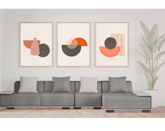 Set di 3 stampe artistiche da parete in stile Mid-Century Modern, stampe astratte, decorazioni in terracotta beige neutro, arte minimalista scandinava per il soggiorno.