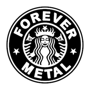 Puede incluir: Logotipo en blanco y negro con el texto "FOREVER METAL" en un círculo alrededor de una sirena estilizada con una corona.