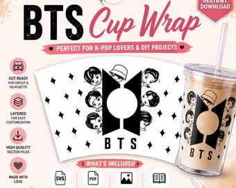 Adesivo per tazza BTS in formato SVG, adesivo per tazza Starbucks, design per bicchiere Kpop, adesivo per tazza fan art in formato SVG, file di taglio per Cricut e Silhouette, download digitale BTS in formato PDF