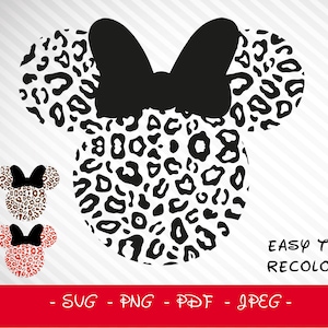 Puede incluir: Orejas de Mickey Mouse de estampado de leopardo en blanco y negro con un lazo negro. Fácil de recolorar. SVG, PNG, PDF, JPEG.