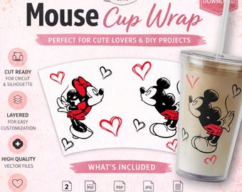 Topolino e Minnie per San Valentino, SVG, decorazione per tazza a forma di cuore, file di taglio per Cricut, SVG per tazza Starbucks, download immediato, design per decalcomanie per magliette e tazze.