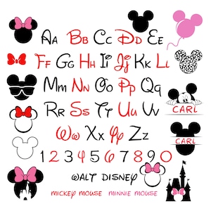 May include: Black and white Mickey Mouse and Minnie Mouse characters with red and pink accents. The image includes the alphabet, numbers, and the text "WALT DISNEY", "MICKEY MOUSE", and "MINNIE MOUSE".