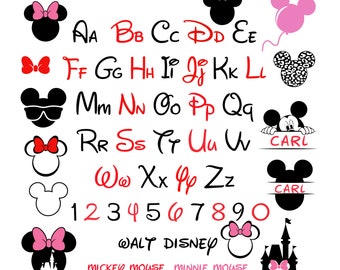Alfabeto, numeri e simboli con monogramma diviso di Topolino in formato SVG PNG, cornice con monogramma di Topolino, file di taglio per Cricut SVG PNG PDF