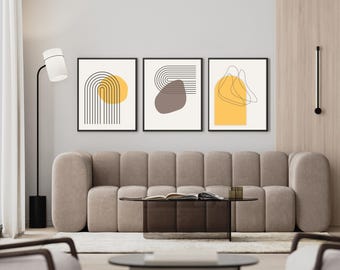 Set di 3 stampe artistiche da parete in stile Mid-Century Modern, stampe astratte neutre, decorazioni minimaliste beige, senape e marrone, ideali per il soggiorno.