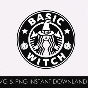 Peut inclure: Conception graphique en noir et blanc d'une sorcière avec un chapeau de sorcière et une citrouille de chaque côté. Le texte "BASIC WITCH" est écrit en cercle autour de la sorcière.