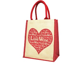 Love Wine Jute Shopping Bag / Bottle Carrier with Removable Divider Red Heart design