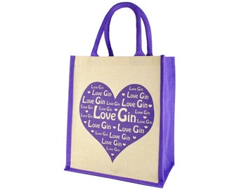 Love Gin Jute Shopping Bag / Bottle Carrier with Removable Divider Purple Heart design