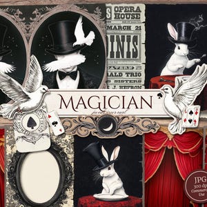 Kit de diario basura de mago (páginas JPG imprimibles con efímeras, corte difuso), Houdini, asistente de conejo, papel digital de showman, descarga digital