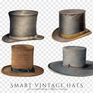 Peut inclure: Quatre chapeaux hauts vintage de couleurs et de styles diff&eacute;rents. Les chapeaux sont gris, marron et bleu. Les chapeaux sont parfaits pour ajouter une touche de style vintage &agrave; vos projets.