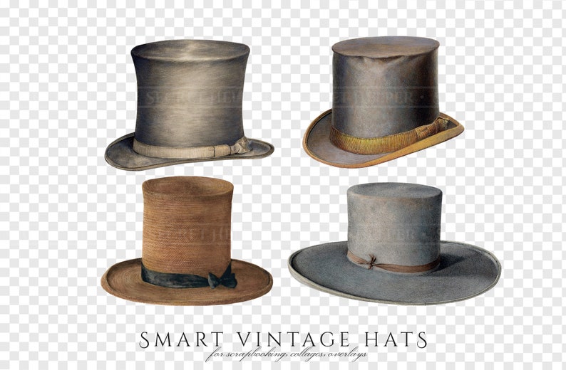 Peut inclure: Quatre chapeaux hauts vintage de couleurs et de styles diff&eacute;rents. Les chapeaux sont gris, marron et bleu. Les chapeaux sont parfaits pour ajouter une touche de style vintage &agrave; vos projets.