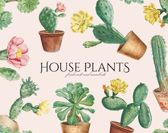 Vintage House Plants Clipart: Cacti & Succulents PNG (Commercial Use, Digital Download)