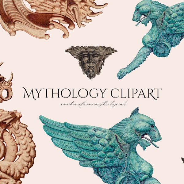 Vintage Mythology Clipart in PNG, Mythical Creature, Griffin, Merhorse, Dragon, Wood Spirit, Hippocampus, Digital Download & Commercial Use