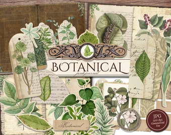 Botanische Junk Journal Kit (afdrukbare JPG-pagina's met Ephemera, Cover, Tags), Natuur, Tuin, Lenteplanten Digitaal Papier, Digitale Download