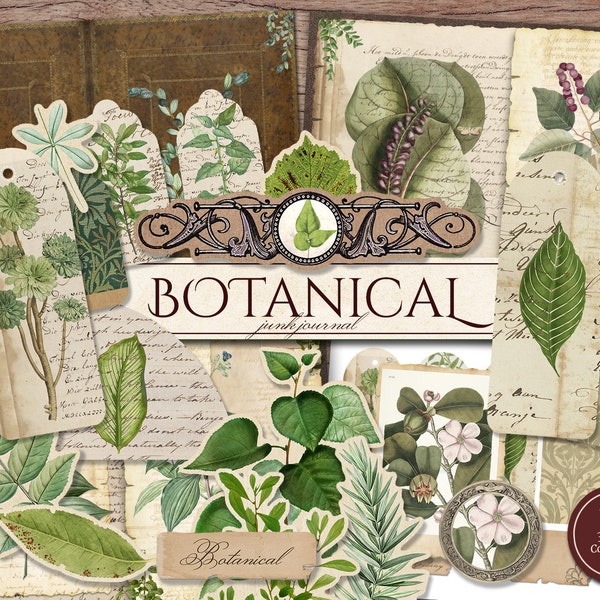 Botanische Junk Journal Kit (afdrukbare JPG-pagina's met Ephemera, Cover, Tags), Natuur, Tuin, Lenteplanten Digitaal Papier, Digitale Download