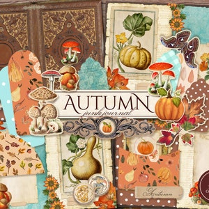 Autumn Junk Journal Kit (Printable JPG Pages with Ephemera, Cover, Tags), Pumpkin Harvest, Mushroom, Fall Digital Paper, Digital Download