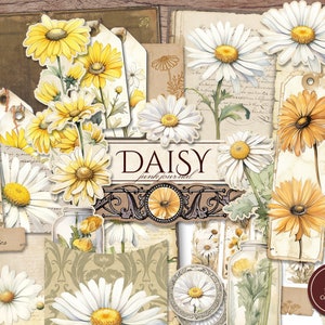 Daisy Junk Journal Kit (pagine JPG stampabili con effimeri, tag, segnalibri, taglio pignolo), floreale estivo, carta digitale floreale, download digitale
