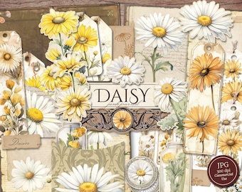 Kit de journal Daisy Junk (Pages JPG imprimables avec éphémères, étiquettes, marque-page, coupe délicate), Floral d&#39;été, papier numérique de fleurs, téléchargement numérique