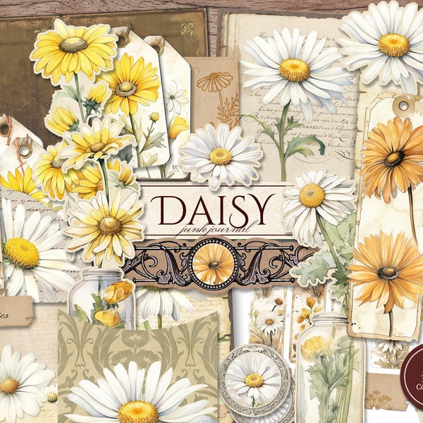 Daisy Junk Journal Kit (Printable JPG Pages with Ephemera, Tags, Bookmark, Fussy Cut), Summer Floral, Flower Digital Paper, Digital Download