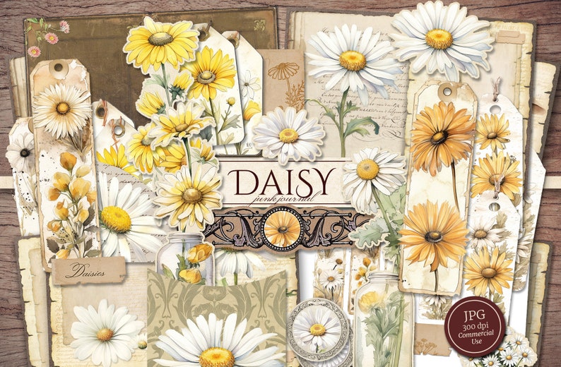 Daisy Junk Journal Kit Printable JPG Pages with Ephemera, Tags, Bookmark, Fussy Cut, Summer Floral, Flower Digital Paper, Digital Download image 1