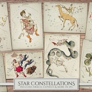 May include: A set of eight vintage illustrations of constellations, each depicting a different constellation with its corresponding mythological figure. The illustrations are in a classic style with detailed linework and watercolor washes. The constellations are labeled with their names in Latin.
