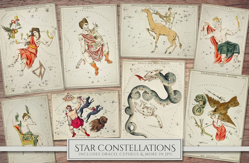 May include: A set of eight vintage illustrations of constellations, each depicting a different constellation with its corresponding mythological figure. The illustrations are in a classic style with detailed linework and watercolor washes. The constellations are labeled with their names in Latin.