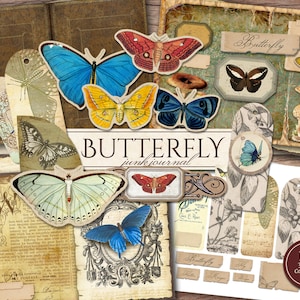 Schmetterling Junk Journal Kit (druckbare JPG Seiten mit Ephemera, Cover, Tags, Lesezeichen), Vintage Specimen, digitales Papier, digitaler Download