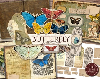 Butterfly Junk Journal Kit (Printable JPG Pages with Ephemera, Cover, Tags, Bookmark), Vintage Specimen, Digital Paper, Digital Download