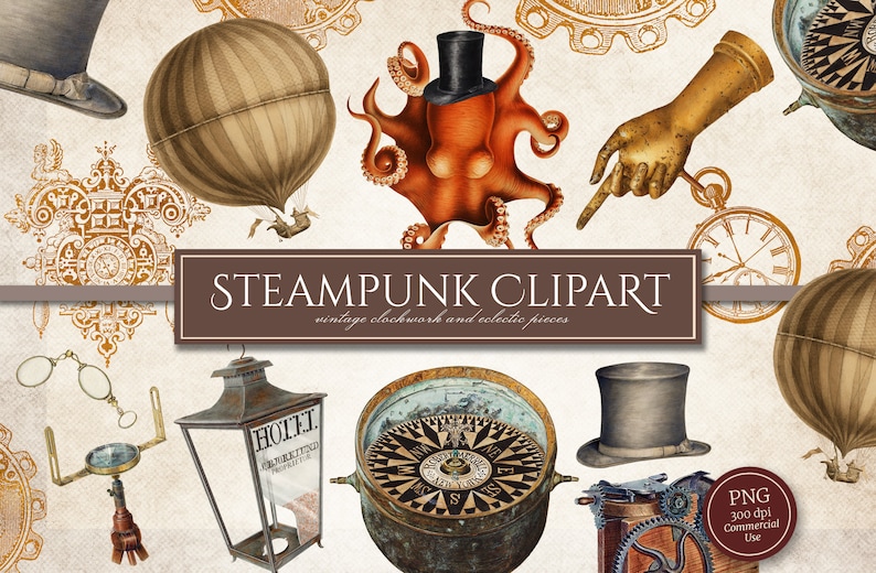Op de afbeelding: Steampunk clipart met vintage uurwerk en eclectische stukken. Bevat een heteluchtballon, octopus met hoge hoed, kompas, zakhorloge en andere antieke elementen. De afbeelding heeft een sepia-tint en de tekst "STEAMPUNK CLIPART".