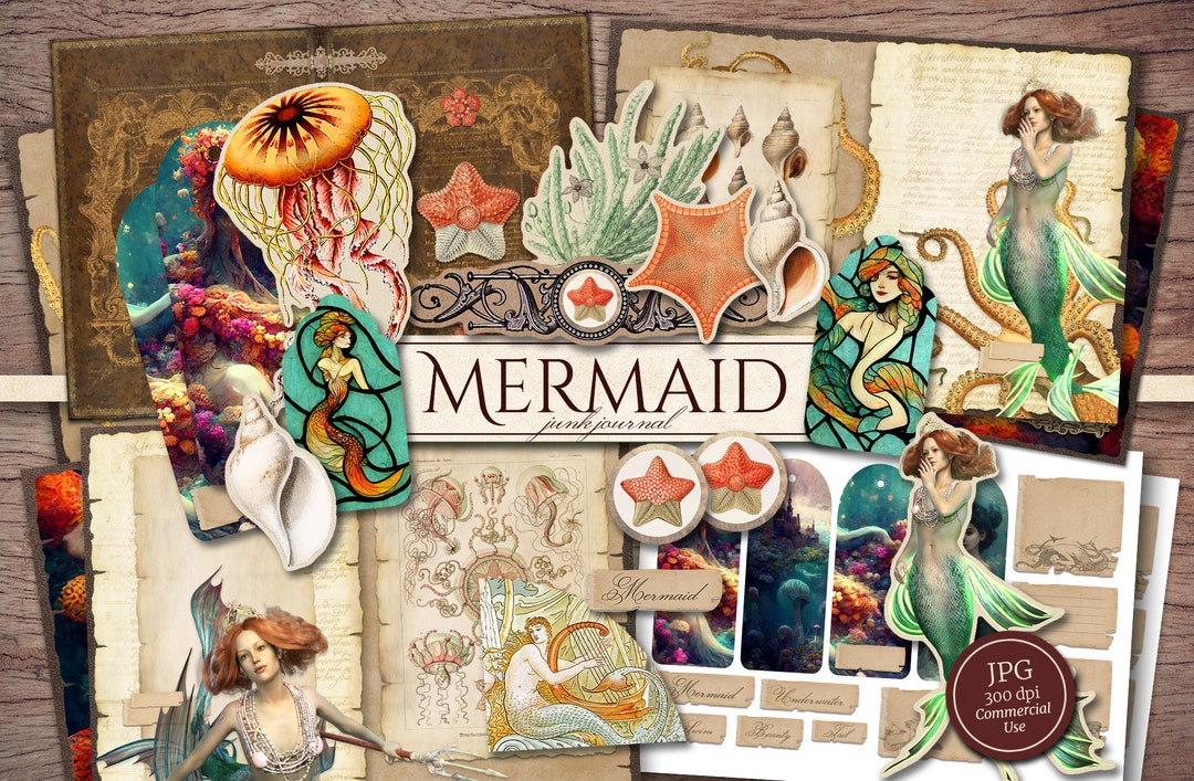 Mermaid Junk Journal Kit (printable JPG Pages With Ephemera, Cover ...