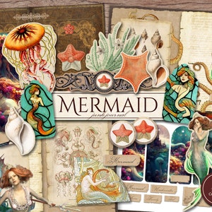 Mermaid Junk Journal Kit (Printable JPG Pages with Ephemera, Cover, Bookmarks, Tags), Nautical Sea, Ocean Digital Paper, Digital Download
