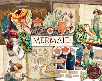 Mermaid Junk Journal Kit (afdrukbare JPG-pagina's met kortstondige, omslag, bladwijzers, tags), nautische zee, oceaan digitaal papier, digitale download
