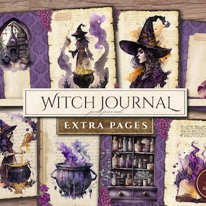 Papier numérique de la sorcière (en JPG), pages imprimables, maison de la sorcière, chaudron, armoire, fournitures pour journal indésirable d'Halloween, complément, téléchargement numérique