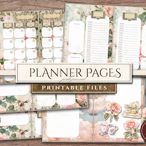 May include: Printable planner pages with a floral design featuring pink roses, green leaves, and a light blue background. The pages include sections for to-do lists, priorities, and a monthly calendar.