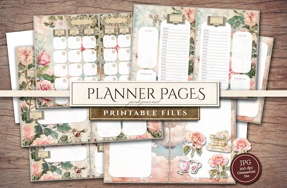 Printable Planner Pages (PDF & JPG), Includes Monthly, Weekly, Daily Calendar, Productivity, Undated Digital Papers, Stickers, Junk Journal