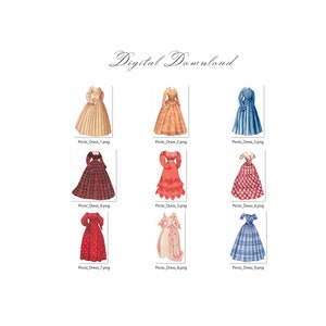 May include: Nine digital images of vintage-style dresses in various colors and patterns, including plaid, gingham, and floral prints. The images are labeled with the text "Picnic Dress" and a number.