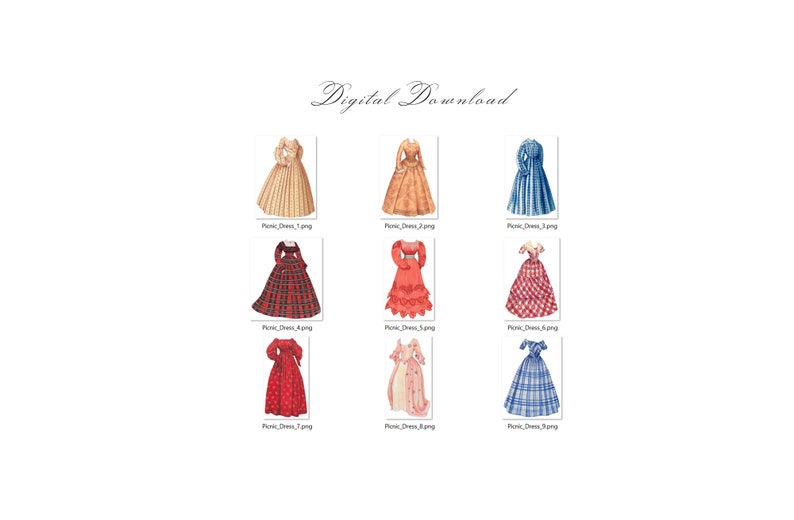 May include: Nine digital images of vintage-style dresses in various colors and patterns, including plaid, gingham, and floral prints. The images are labeled with the text "Picnic Dress" and a number.