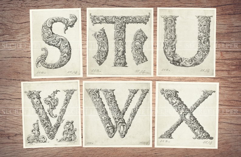 May include: Six vintage illustrations of ornate, decorative letters, S, T, U, V, W, and X. The letters are drawn in a black and white style with intricate details.