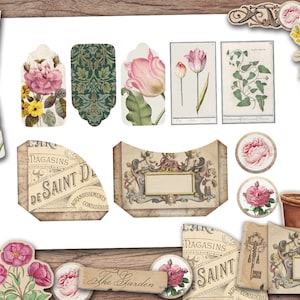 Puede incluir: Un conjunto de etiquetas e identificadores imprimibles de estilo vintage con ilustraciones florales, incluyendo rosas, tulipanes y hiedra. Las etiquetas son perfectas para agregar un toque de encanto r&uacute;stico a tus manualidades y proyectos.
