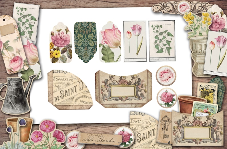 Puede incluir: Un conjunto de etiquetas e identificadores imprimibles de estilo vintage con ilustraciones florales, incluyendo rosas, tulipanes y hiedra. Las etiquetas son perfectas para agregar un toque de encanto r&uacute;stico a tus manualidades y proyectos.