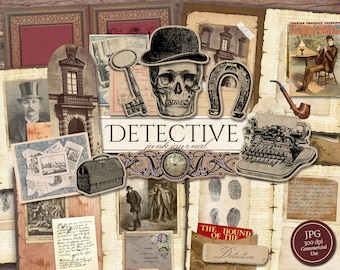 Detective Junk Journal Kit (Printable JPG Pages with Ephemera, Cover), Mystery Case File, Sherlock Holmes Digital Paper, Digital Download
