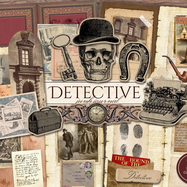Detective Junk Journal Kit (Printable JPG Pages with Ephemera, Cover), Mystery Case File, Sherlock Holmes Digital Paper, Digital Download