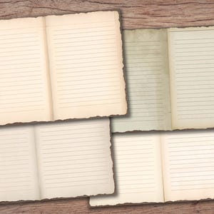 May include: Four open notebooks with lined pages and torn edges. The notebooks are arranged in a row on a wooden surface.