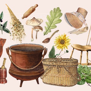 May include: A watercolor illustration of a collection of vintage kitchen and home items, including a cauldron, a pitcher, a rolling pin, a basket, a sunflower, a rocking chair, and a mortar and pestle.