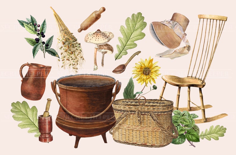 May include: A watercolor illustration of a collection of vintage kitchen and home items, including a cauldron, a pitcher, a rolling pin, a basket, a sunflower, a rocking chair, and a mortar and pestle.