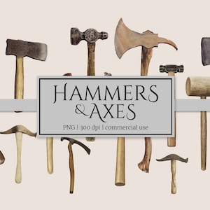 Vintage Hammer & Axe PNG Clipart, Illustrations of Tools, Mining, Weaponry, Mallet, Gavel, Graphic Overlay, Digital Download, Commercial Use
