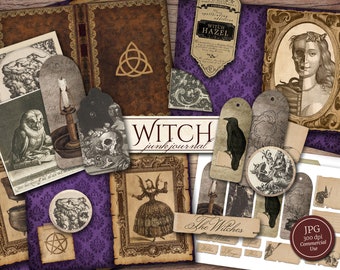 May include: A digital collage of vintage images with a witch theme. The images include a book, a raven, a skull, a candle, an owl, a witch, and a cauldron. The images are in shades of brown, black, and white, and are set against a purple background. The text "Witch junk journal" is written in white letters on a black background. The text "The Witches" is written in black letters on a white background. The text "JPG 300 dpi Commercial Use" is written in white letters on a red background.
